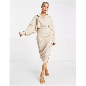 NWT ASOS EDITION textured drape midi shirt dress in STONE